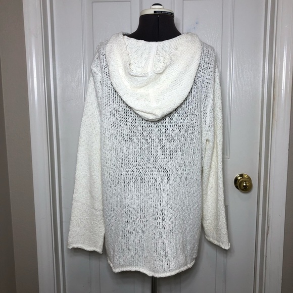 J.Jill Cotton Blend Textured Loose Knit V Neckline Off White Hoodie Sweater XL P - Picture 6 of 14